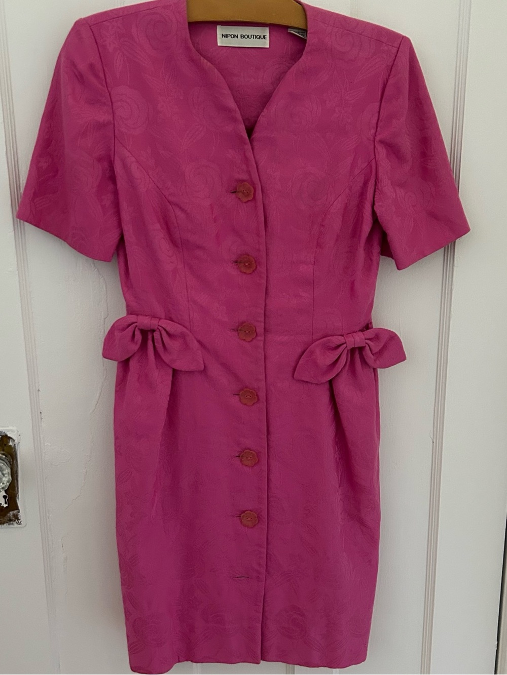 Vintage Nipon Boutique Pink Jacquard Bow Dress Size 4 Cotton 90s